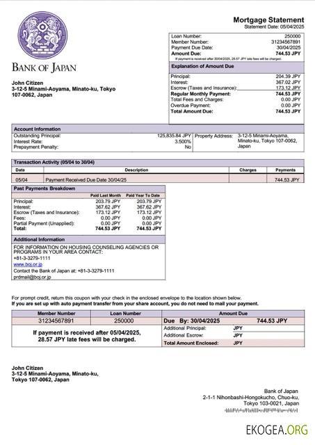 Modèle Word et PDF de relevé hypothécaire de la Banque japonaise du Japon template Modèle Word et PDF de relevé hypothécaire de la Banque japonaise du Japon template
